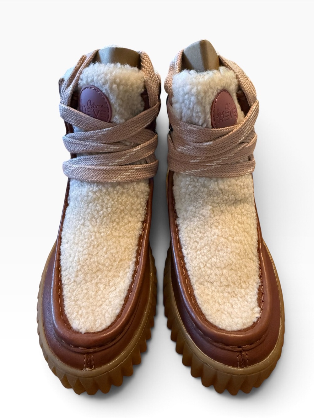Sam Edelman Women’s Lace-Up Reve Sherpa Boots in Cream and Brown